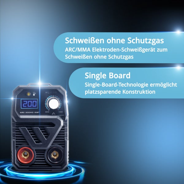 Elektroden Schweißgerät mit digitaler Anzeige und Textinformationen zu den Produkteigenschaften