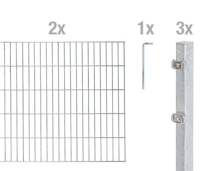 Doppelstabmattenzaun Set mit zwei Zaunmatten, drei Pfosten und einem Innensechskantschlüssel aus feuerverzinktem Stahl.
