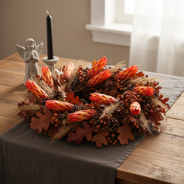 Dekorativer Herbstkranz mit Eichenblättern, Zapfen und Proteablüten auf einem Holztisch mit Tischläufer.