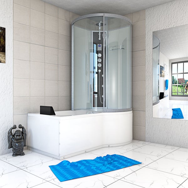 Maßzeichnung für die Montage einer Eckbadewanne mit markierten Anschlusspunkten für Wasser und Strom sowie Maßangaben in Zentimeter.