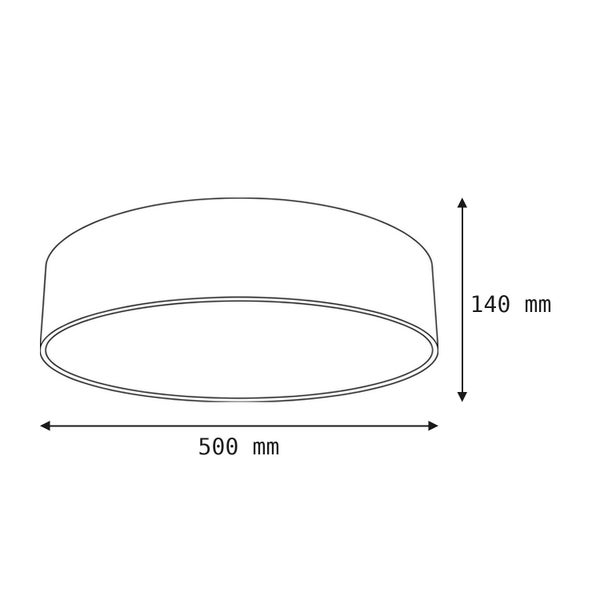 Technische Zeichnung einer runden Deckenleuchte mit einer Hohe von 140 Millimeter und einem Durchmesser von 500 Millimeter.