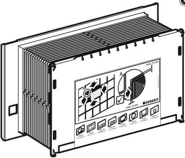 Geberit Bauschutzplatte für Unterputz-Spülkästen mit Montagehinweisen und Skizzen von Betätigungsplatten.