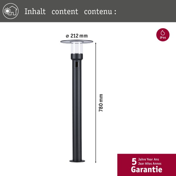 Außen-Stehleuchte mit Bewegungsmelder, Höhe 780 Millimeter, Durchmesser 212 Millimeter, spritzwassergeschützt nach IP 44, 5 Jahre Garantie.
