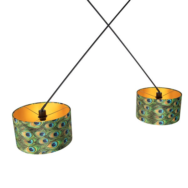 Pendelleuchte mit zwei runden Lampenschirmen mit Pfauenfeder-Muster, goldfarbene Innenseite und schwarze Aufhängung.