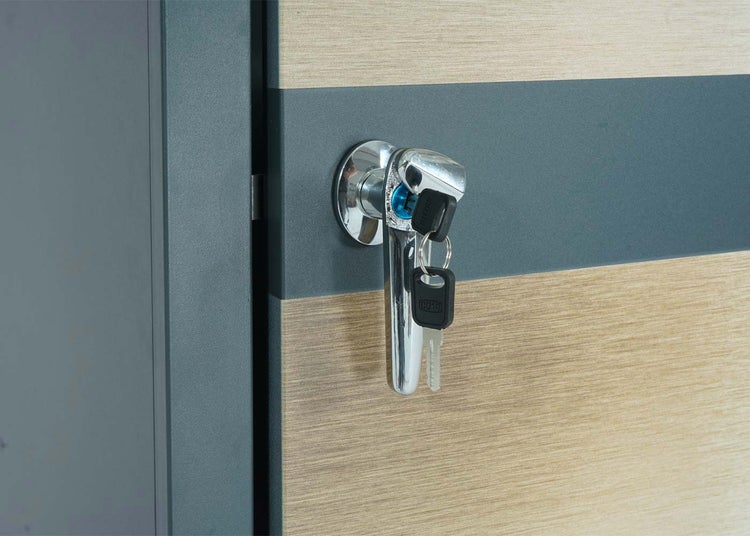 Detailaufnahme einer Tür mit Griff und Schlüssel