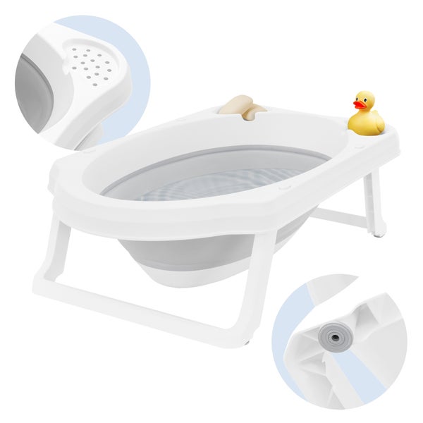 ECD Germany Baby Badewanne faltbar mit klappbaren Füßen, 33 L, 80x46 cm, Weiß-Grau, stabil, rutschfest, tragbar, Babybadewanne Babywanne Reisedusche Badebecken Duschwanne für Neugeborene & Kleinkinder