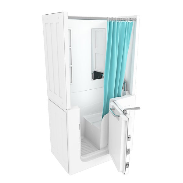 Sitzbadewanne mit Tür und integrierter Duschwand sowie Duschvorhang für barrierefreies Baden.