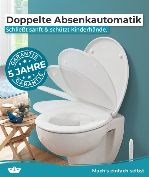 Calmwaters® WC Sitz Original einfache Montage, Premium Toilettendeckel bis 250 kg, Made in EU, aus antibakteriellem Duroplast, doppelte Absenkautomatik, 2 Montage Optionen, abnehmbar, Klobrille, oval, Weiß