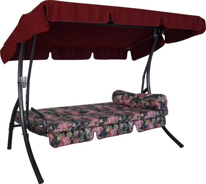 Gartenschaukel mit floralem Muster und grünem Sonnendach