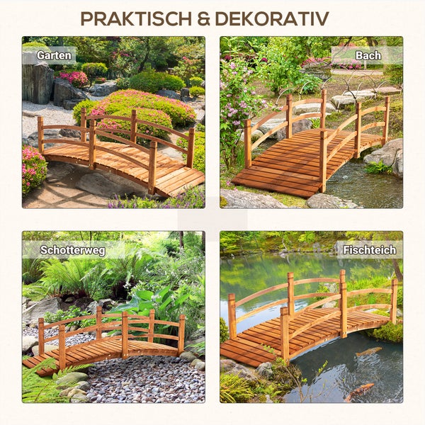 Outsunny Gartenbrücke 1,85 m Holzbrücke begehbar Holzsteg Teichbrücke Zierbrücke mit Geländer bis 200 kg Massivholz Orange