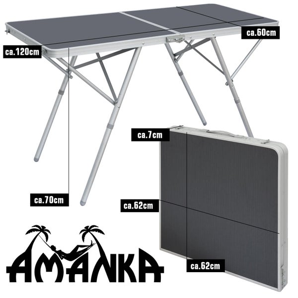 AMANKA Standfester Aluminium Campingtisch 120x60x70cm Stabiler Klapptisch Alu-Falttisch Garten-Tisch Klappbar Anthrazit