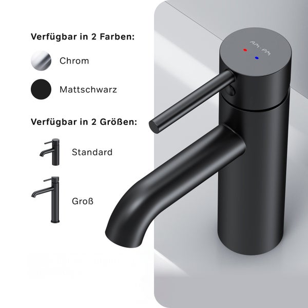 AM PM Einhebel Waschtischarmatur in Mattschwarz mit Produktinformationen zu Farben und Grössenvarianten.