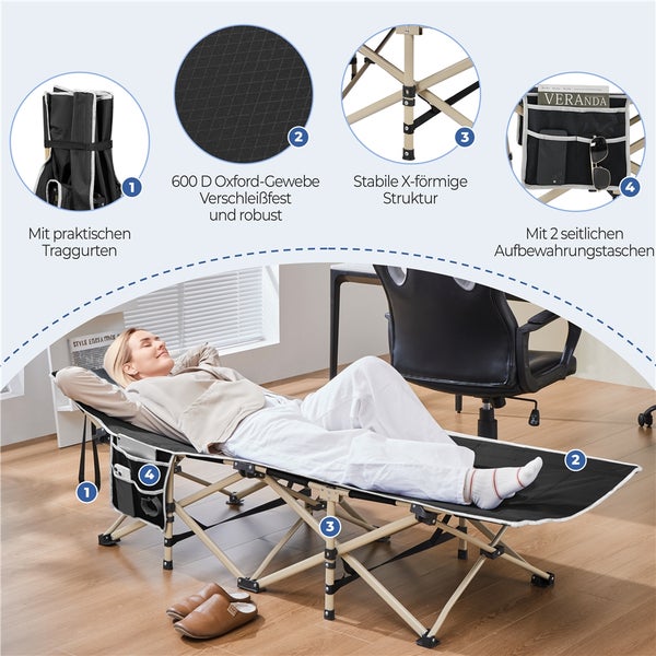 Campingliege mit Oxford Gewebe, X-förmiger Struktur und seitlichen Aufbewahrungstaschen
