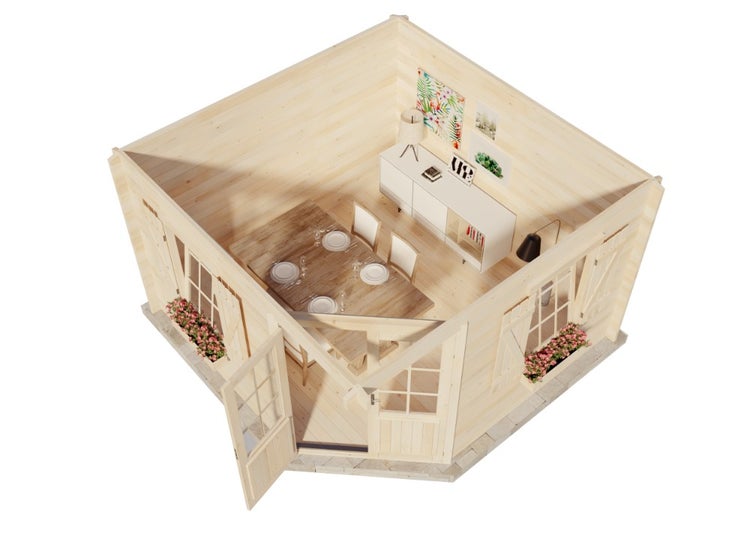 Alpholz 5-Eck Gartenhaus Monica Royal Gartenhaus aus Holz in Pinie, Holzhaus mit 28 mm Wandstärke, Blockbohlenhaus mit Montagematerial imprägniert 3,5x3,5m