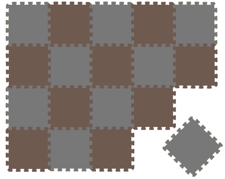 Ineinandergreifende Bodenmatten in Grau und Braun im Schachbrettmuster mit Puzzlerand.
