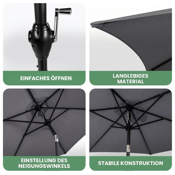 Details eines Sonnenschirms mit Handkurbel, langlebigem Stoff, verstellbarem Neigungswinkel und stabiler Rahmenkonstruktion.