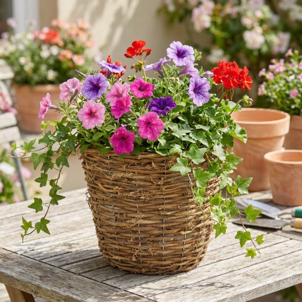 Ein geflochtener Pflanzkorb mit bunt blühenden Sommerblumen und Efeu auf einem Holztisch im Garten.