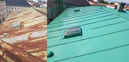 Vorher-Nachher-Vergleich einer Metalldach-Renovierung mit schützender Dachfarbe und Dachfenstern.