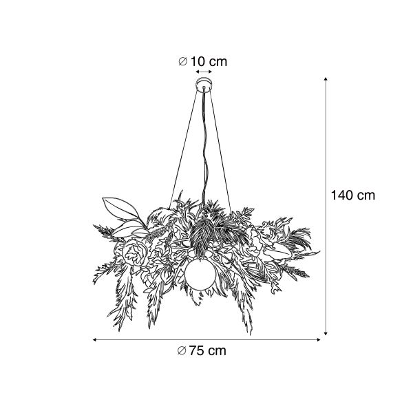 Strichzeichnung einer floralen Hängeleuchte mit Maßangaben 75 Zentimeter Durchmesser und 140 Zentimeter Höhe.