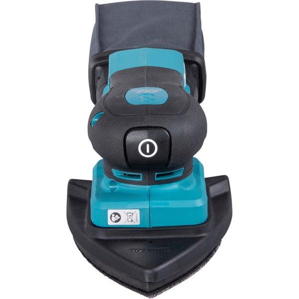 Deltaschleifer mit dreieckiger Schleifplatte, Staubsack und ergonomischem Handgriff in Blau und Schwarz.