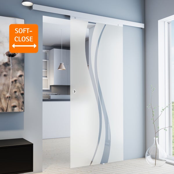 Tür Schiebetür Komplettset Glas wellenförmig 755x2035 Zimmertür Glasschiebetür -  Griffmuschel+2seitiger Softclose