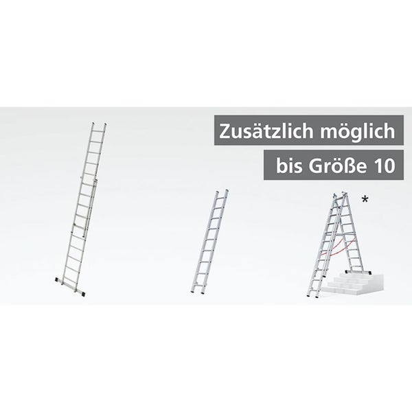 Mehrzweckleiter aus Aluminium in drei verschiedenen Aufbauvarianten und Anwendungsmöglichkeiten bis Groesse 10