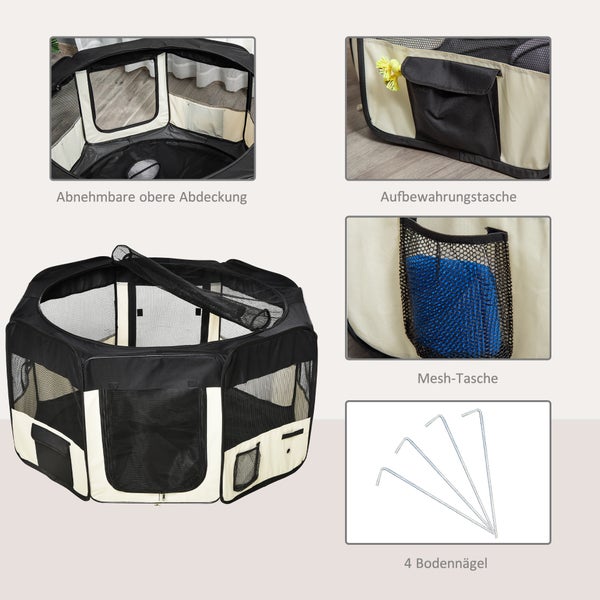 PawHut Hundelaufstall, Ø120 x H58 cm, Oxford-Gewebe, Stahl, Schwarz + Creme-Weiß