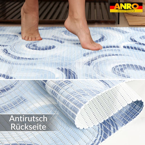 Blaue Badematte mit weißem Kreismuster, Füße auf der Matte und Detailansicht der rutschfesten Rückseite, ANRO Logo