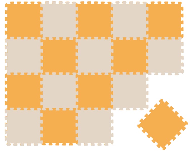 Puzzlematte aus Schaumstoff mit ineinandergreifenden quadratischen Fliesen.