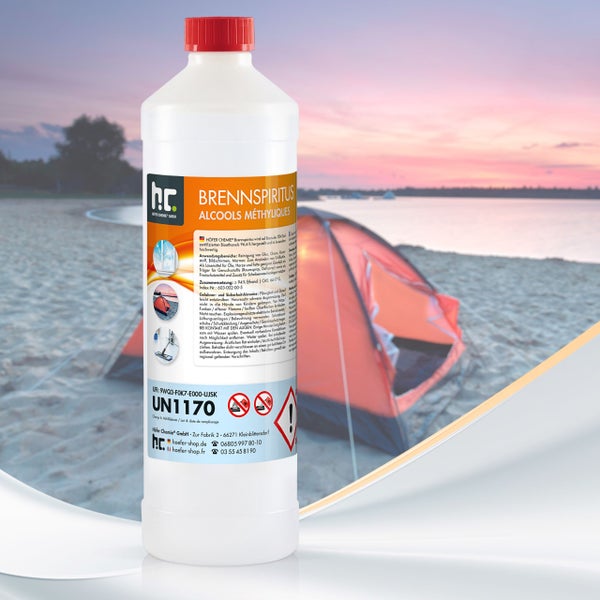 Flasche Brennspiritus mit Gefahrensymbolen