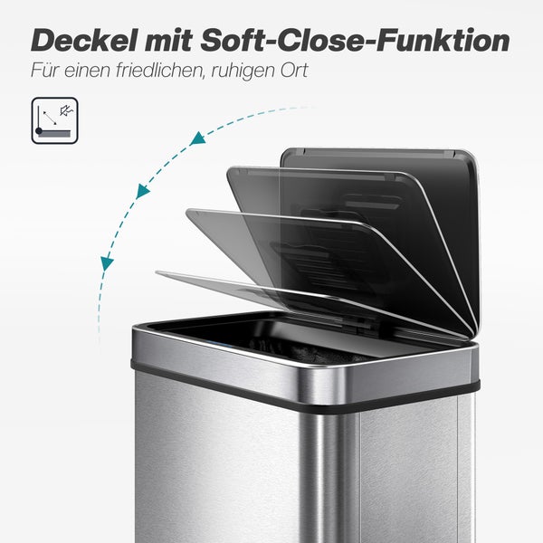 Mülleimer aus Edelstahl mit Soft-Close-Funktion für ein geräuschloses Schließen des Deckels.