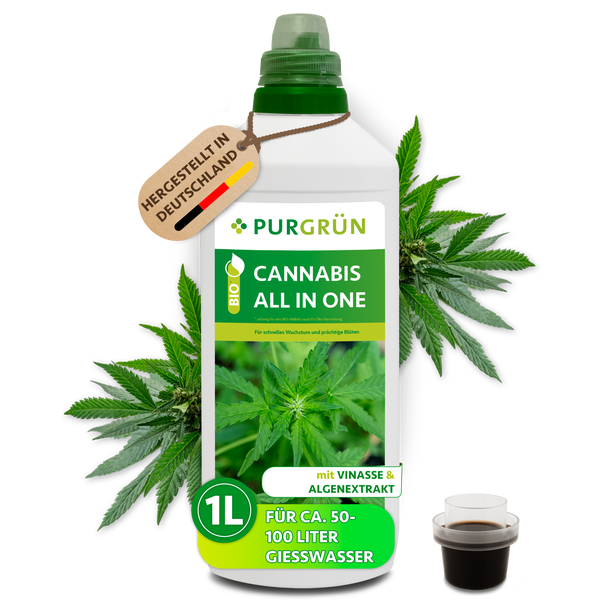Purgrün Cannabis All In One Bio Flüssigdünger, 1 Liter Flasche, hergestellt in Deutschland, mit Vinasse und Algenextrakt.
