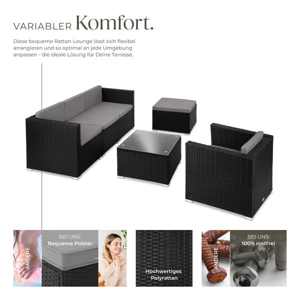 Rattan Lounge tectake Lignano variabel aufstellbar für 4 bis 5 Personen schwarz