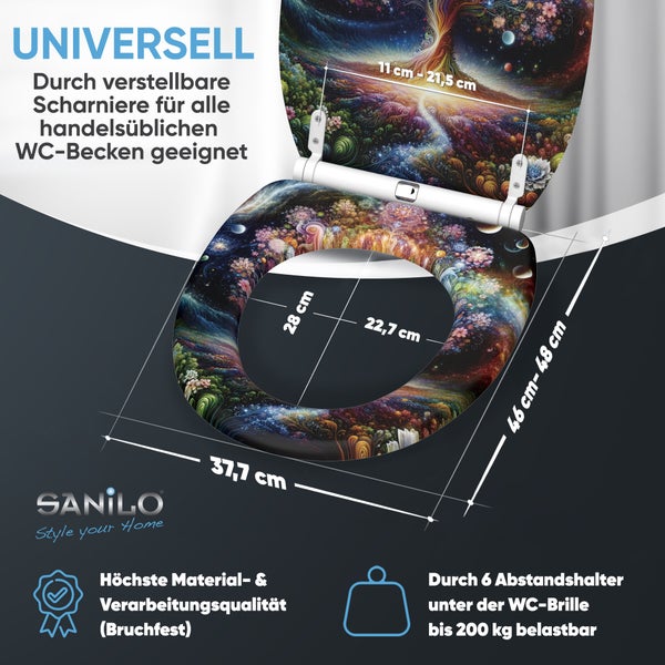 Sanilo WC Sitz mit Baum Motiv inklusive verstellbaren Scharnieren und Bemaßungen für die Montage an handelsüblichen Toiletten.
