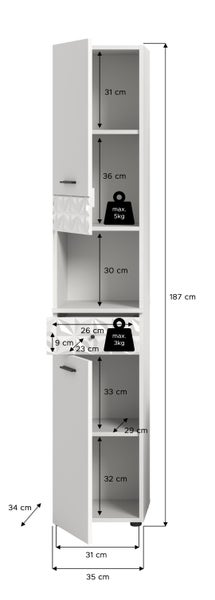 Weißer Badhochschrank mit zwei Türen und Schublade. Maße: 187 Zentimeter hoch, 35 Zentimeter breit. Tragkraft der Fächer bis 5 Kilogramm.