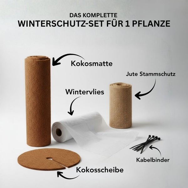 Winterschutz Set für eine Pflanze mit Kokosmatte, Wintervlies, Jute Stammschutz, Kokosscheibe und Kabelbindern.