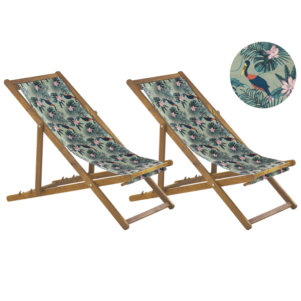 Set mit 2 klappbaren Liegestühlen ANZIO mit Ersatzstoffen Tiermotiv Akazienholz Hellbraun