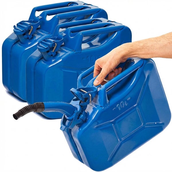 Blauer Metall-Kraftstoffkanister 10 Liter mit flexiblem Auslaufrohr.