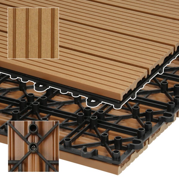 ECD Germany WPC Terrassenfliesen 60x30 cm 18er Spar Set für 3m² Teak in Holzoptik für Garten Balkon Bodenbelag mit Drainage und Klicksystem Terrassendielen Balkonfliesen Klickfliesen Holzfliesen