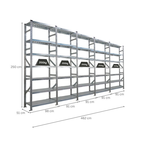 Metallregalsystem mit fünf Regalebenen und einer Traglast von 200 Kilogramm pro Ebene, Abmessungen 250 x 462 x 51 Zentimeter