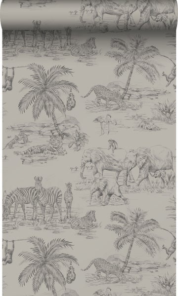 Origin Wallcoverings Tapete Dschungeltiere Kieselgrau - 53 cm x 10,05 m - 347443