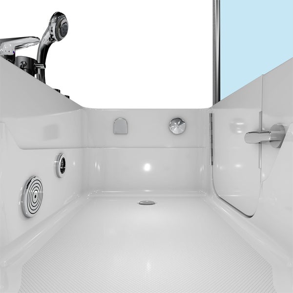 Innenansicht einer weißen Sitzbadewanne mit niedriger Einstiegstür, Antirutschboden, Handbrause und integrierten Massagedüsen.