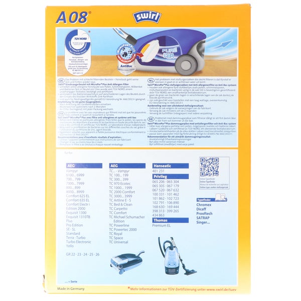 Swirl Staubsaugerbeutel A08 (A09) MicroPor Plus für AEG Staubsauger