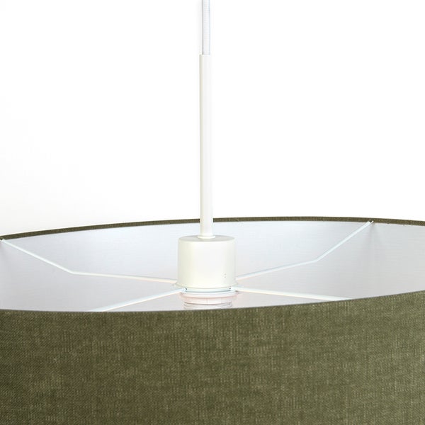 Pendelleuchte mit olivgrünem Textilschirm und weißem Innengestell.