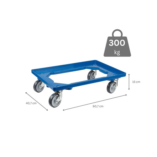PROREGAL SparSet 10x Transportroller für Euroboxen 60 x 40 cm mit Gummiräder Blau Offenes Deck 2 Lenkrollen und 2 Bockrollen Traglast 300 kg