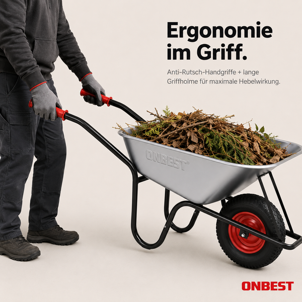 Eine Person schiebt eine mit Gartenabfällen gefüllte ONBEST Schubkarre mit ergonomischen, rutschfesten Griffen und langen Holmen.