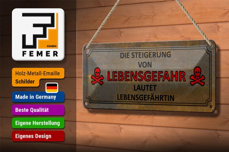 Blechschild Spruch 27x10cm von Lebensgefahr Lebensgefährtin Dekoration