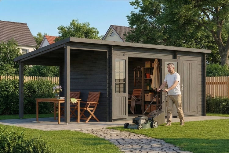 Gartenhaus aus Holz in Anthrazit mit Flachdach und Schleppdach, davor ein Mann beim Rasenmähen mit einem Benzinmäher auf einer Grünfläche.