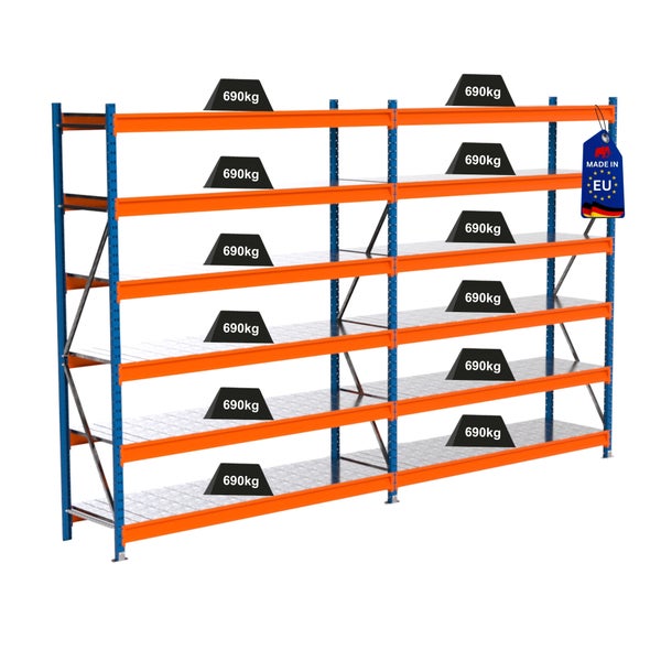 Belastbares Schwerlastregal mit dem Hinweis Made in EU und einer Gewichtsangabe von 690 Kilogramm