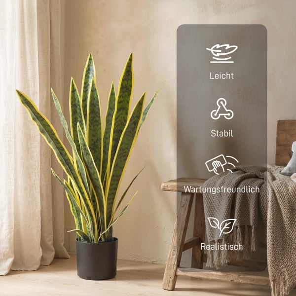 Künstliche Bogenhanf Pflanze im schwarzen Topf in einem hellen Zimmer neben einem Holzschemel. Leicht, stabil, pflegeleicht und realistisch.